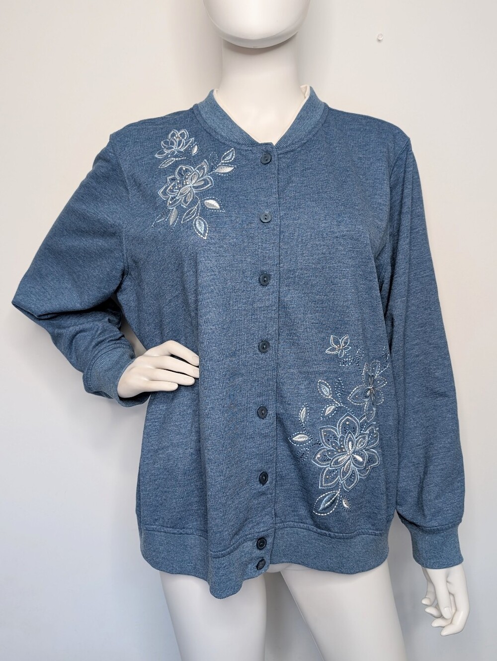 Y2K Blue & White Button Up Bomber Style Cardigan Jacket With Floral Embroidery